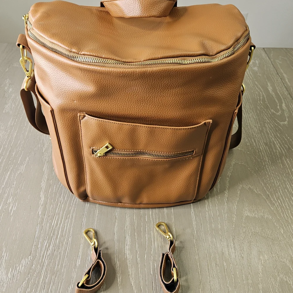 Fawn Design Brown Faux Leather Diaper Bag the Original With Brown Stroller Clips